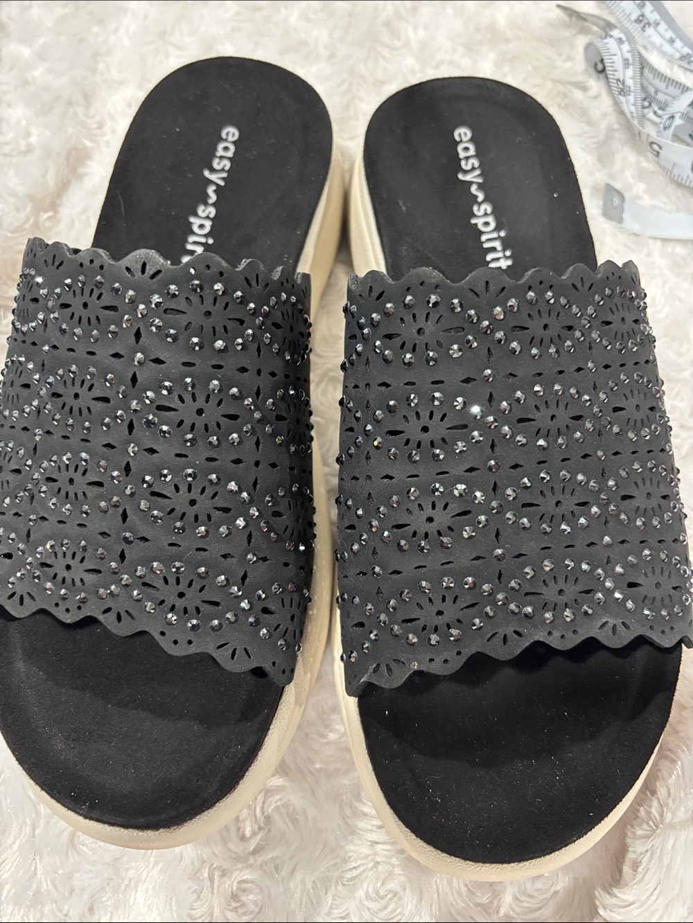 Easy Spirit Black Laser-Cut Slide Sandals with Rhinestone Detail